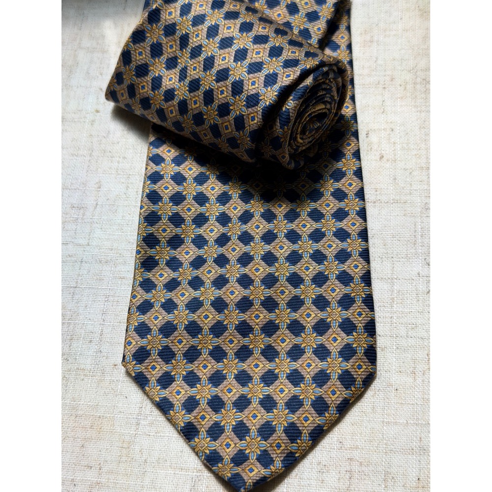 Valentino Cravatte Men Navy Blue Gold Geometric Silk Tie Handmade Italy